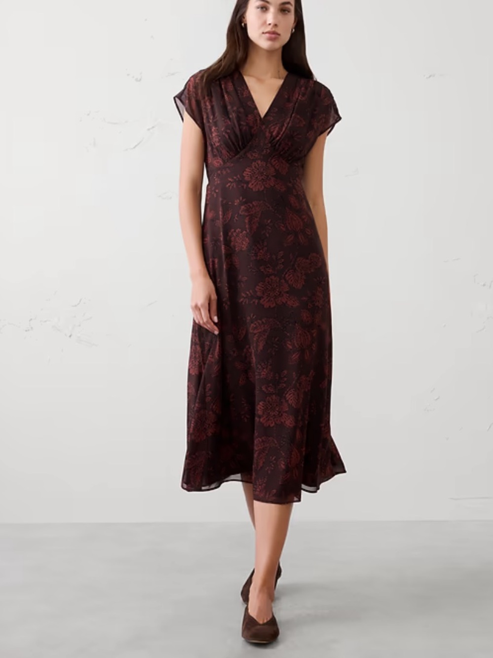 Banana Republic Factory Floral Midi Dress in Burgundy and Brown XS NWT
